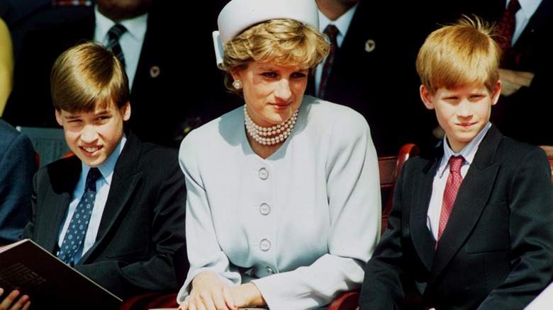 Prince William, Princess Diana, and Prince Harry gazing sideways