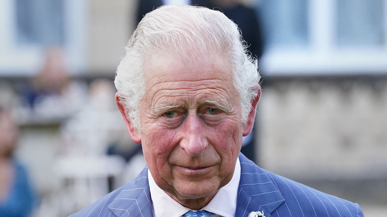 King Charles in blue pin stripe suit