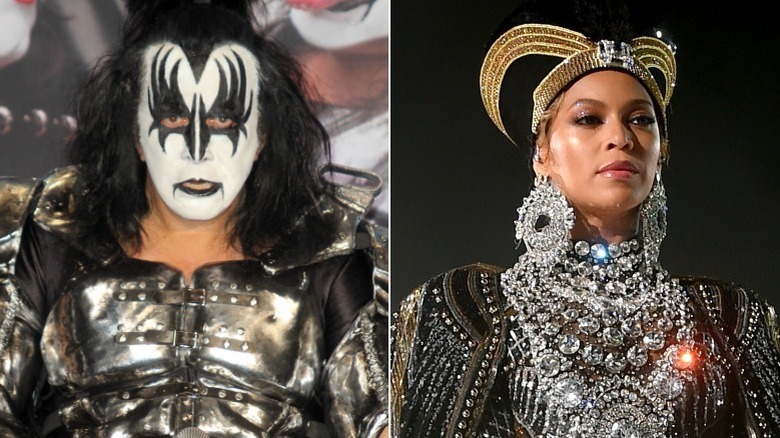 Gene Simmons in KISS makeup, Beyonce wearing headpiece