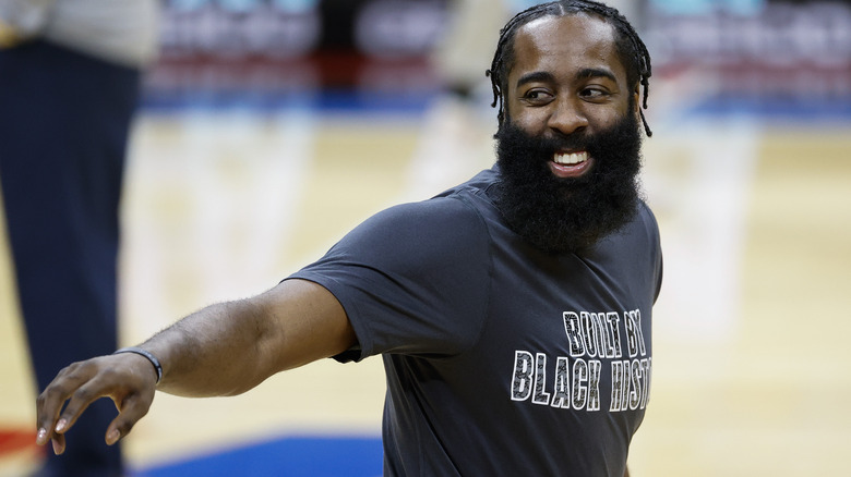 James Harden #13 of the Brooklyn Nets warms up before playing against the Philadelphia 76ers 