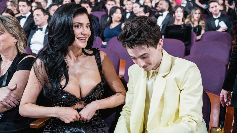 Kylie Jenner and Timothée Chalamet sitting together at the 2025 Oscars