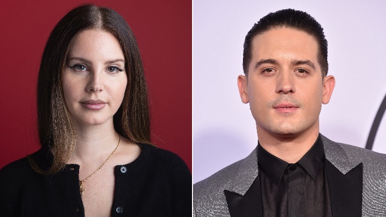 Lana Del Rey in black sweater and G-Easy in grey suit