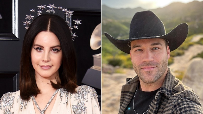 Lana Del Rey in silver headpiece and Clayton Johnson in cowboy hat 