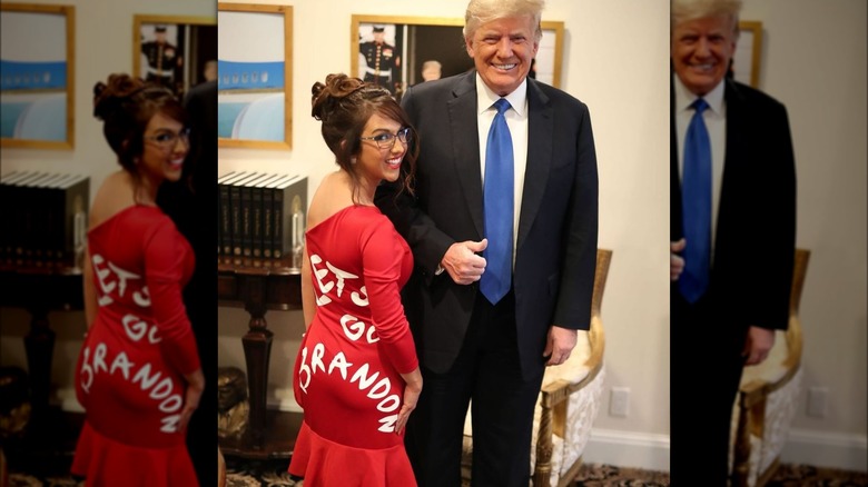 Lauren Boebert poses in Let's Go Brandon dress with Donald Trump