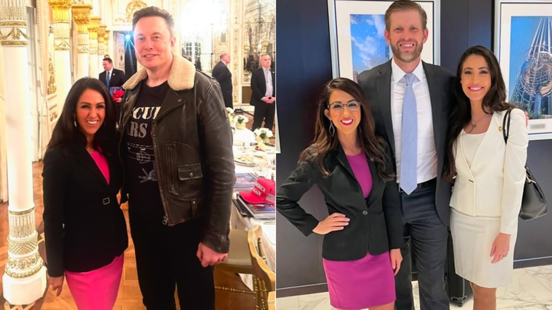 Side-by-side pictures of Lauren Boebert posing with Elon Musk, Eric Trump and Anna Paulina Luna.