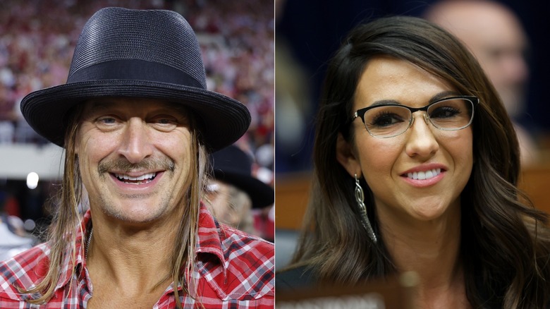 Kid Rock and Lauren Boebert smiling in split image