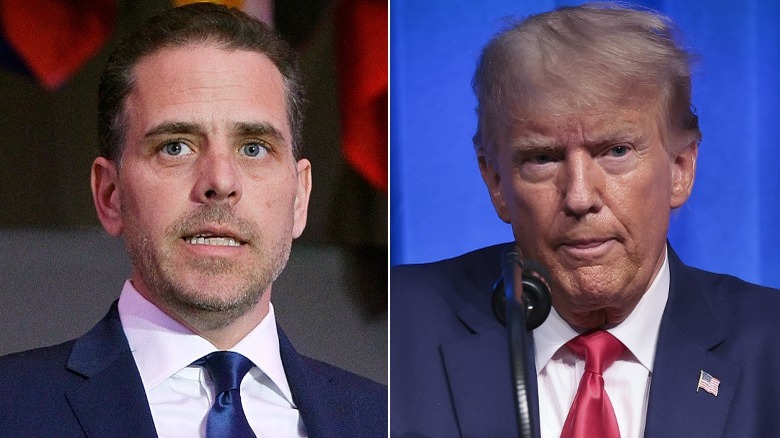 Hunter Biden speaking and Donald Trump speaking into a microphone