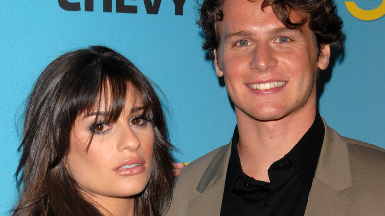 Lea Michele and Jonathan Groff posing