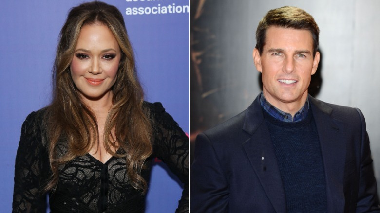 Leah Remini and Tom Cruise posing in split image