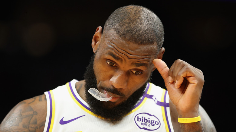 LeBron James of the Los Angeles Lakers looking stressed on the court