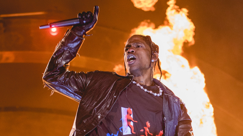 Travis Scott performing onstage during the third annual Astroworld Festival