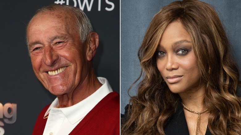 Len Goodman smiling; Tyra Banks posing