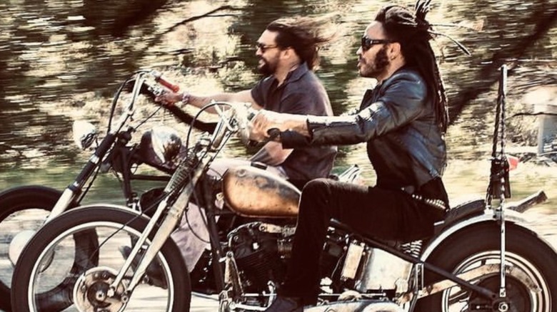 Jason Momoa and Lenny Kravitz ride motorcycles 