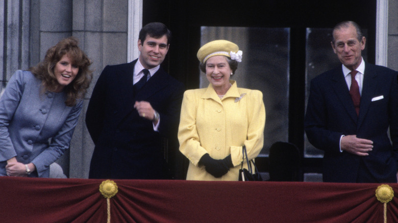 Sarah Ferguson, Prince Andrew, Queen Elizabeth II, Prince Philip smiling