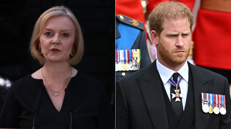 Liz Truss giving a speech, Prince Harry walking