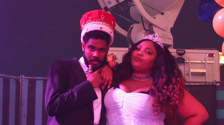 Myke Wright red crown Lizzo white gown tiara