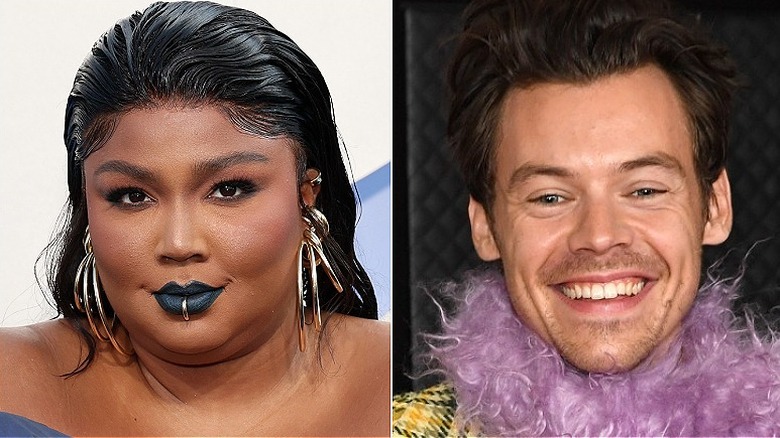 Lizzo smiling slightly, Harry Styles grinning, separate photos