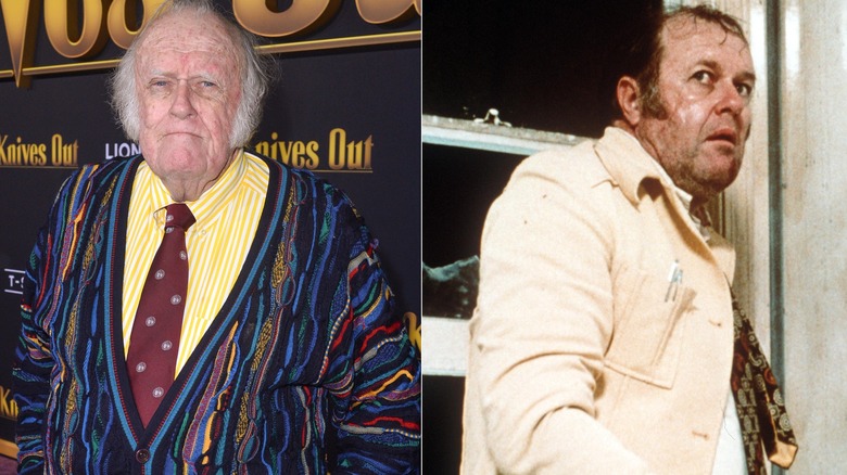 Split image of M. Emmet Walsh on red carpet and in character as Visser in Blood Simple