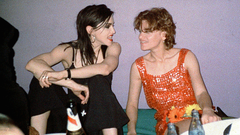 Madonna black hair talking to Sandra Bernhard