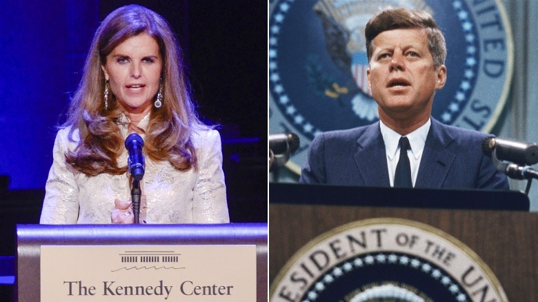 Maria Shriver speaking at a Kennedy Center Podium, and John F. Kennedy speaking in front of a presidential podium