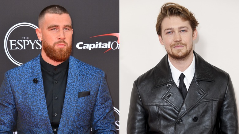 Split image featuring close-ups of Travis Kelce and Joe Alwyn