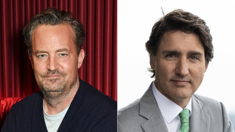 Matthew Perry and Justin Trudeau posing; split image
