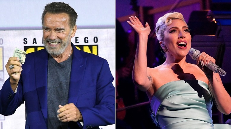 Split image of Arnold Schwarzenegger and Lady Gaga