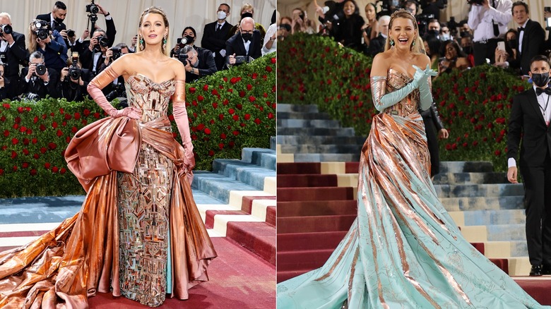 Blake Lively's dress transforming from copper to green at the Met Gala