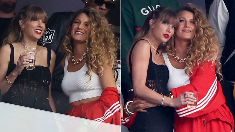 Blake Lively and Taylor Swift laughing at super bowl