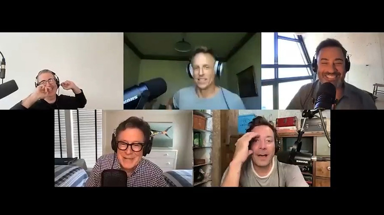 John Oliver, Seth Meyers, Jimmy Kimmel, Stephen Colbert, and Jimmy Fallon on a virtual podcast