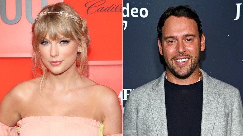 Taylor Swift smiling and Scooter Braun smiling