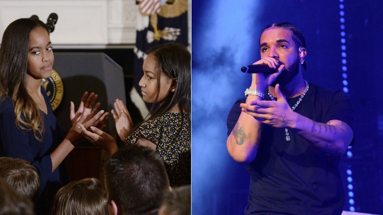 Malia and Sasha Obama clapping, Drake performing