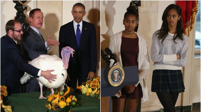 Barack, Sasha, and Malia Obama during the 2014 turkey pardoning