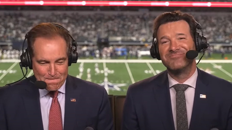 Jim Nantz laughing, Tony Romo smiling