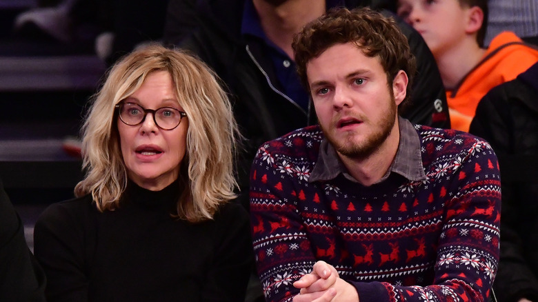 Meg Ryan in bleachers with Jack Quaid