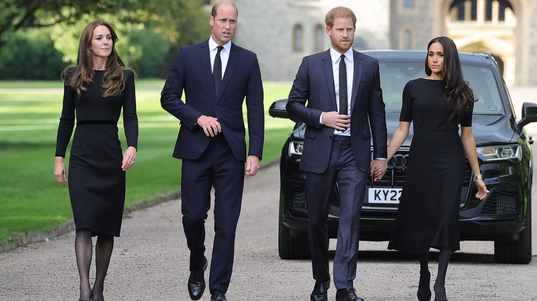 William, Harry, Meghan, Kate funeral walking