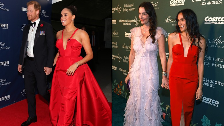 Side by side of Meghan Markle in red dress