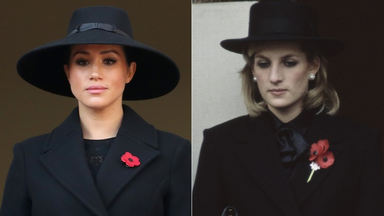 Split image of Meghan Markle and Princess Diana wearing matching Remembrance Day outfits