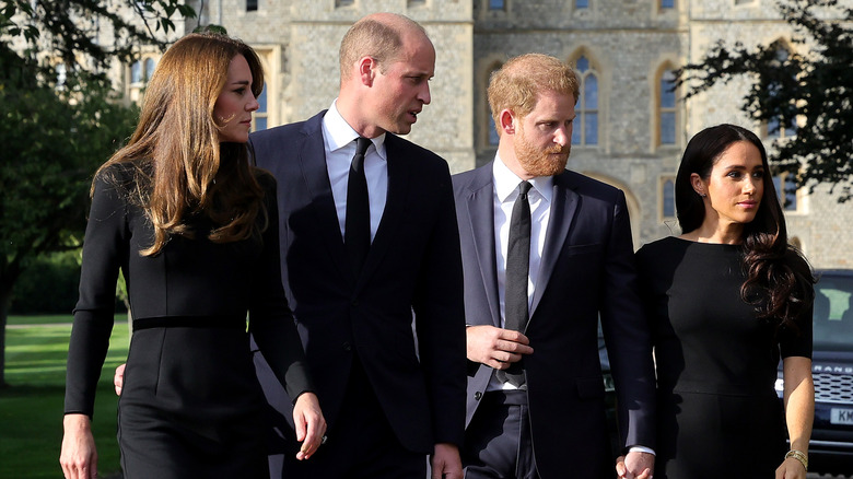 Kate Middleton, Prince William, Prince Harry, and Meghan Markle outside