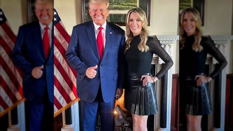 Megyn Kelly wearing a black leather kilt and posing with Donald Trump