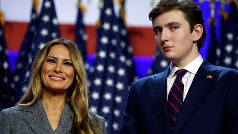 Melania Trump and son Barron Trump celebrate on stage in Florida on election night 2024