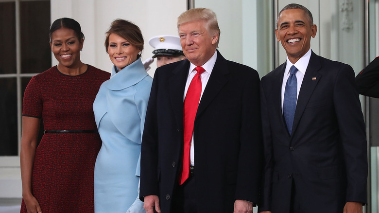 Michelle Obama, Melania Trump, Donald Trump, and Barack Obama outside the White House