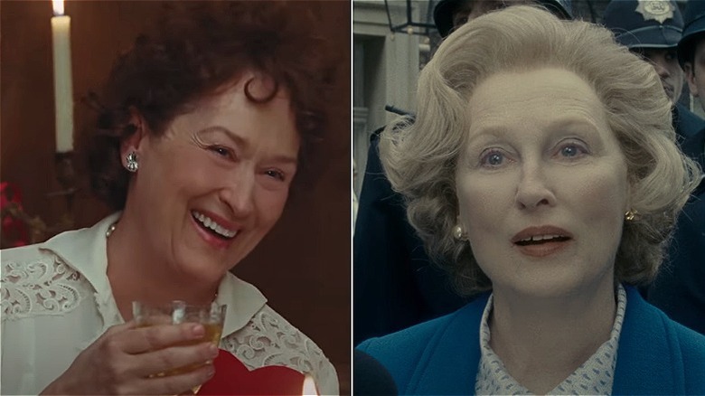 Split Image of Meryl Streep holding cup and Meryl Streep looking