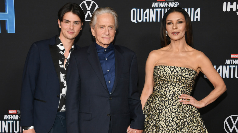 Dylan Douglas, Michael Douglas and Catherine Zeta-Jones pose at a 2023 movie premiere