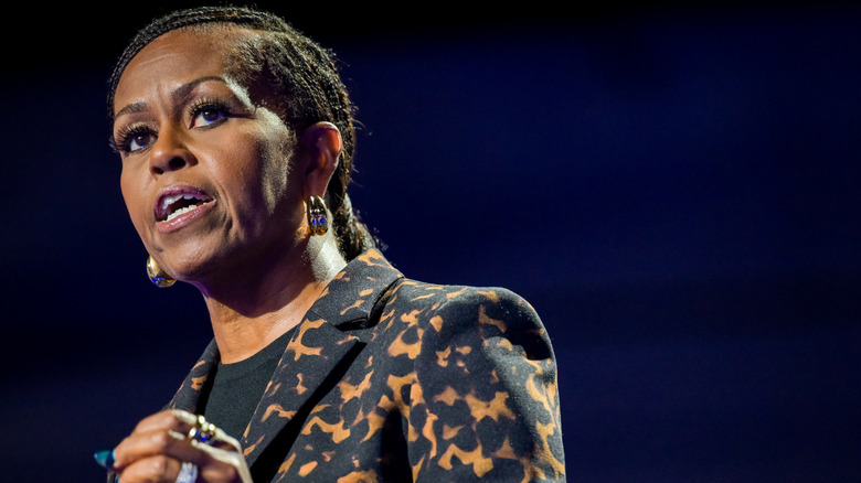 Michelle Obama speaking at a rally for Kamala Harris' 2024 presidential campaign