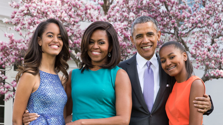 The Obama family posing 