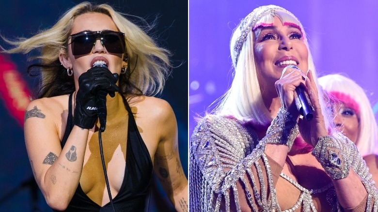 Miley Cyrus and Cher performing in split image