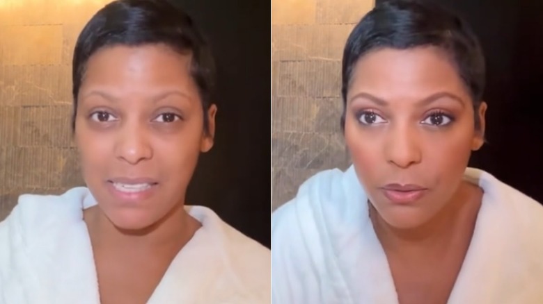 Split image of Tamron Hall wearing white robe with and without makeup