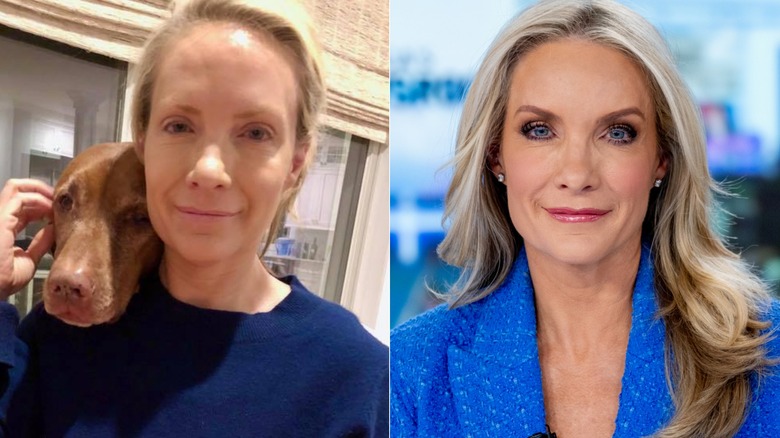 Split image of Dana Perino with no makeup at home and wearing makeup on Fox News set