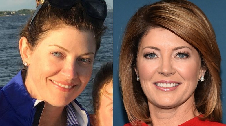 Split image of Norah O'Donnell wearing hair up with no makeup and wearing makeup with hair down